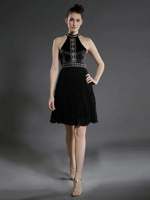 Ball Gown Little Black Dress Dress Holiday Knee Length Sleeveless High Neck Chiffon with Pleats Beading