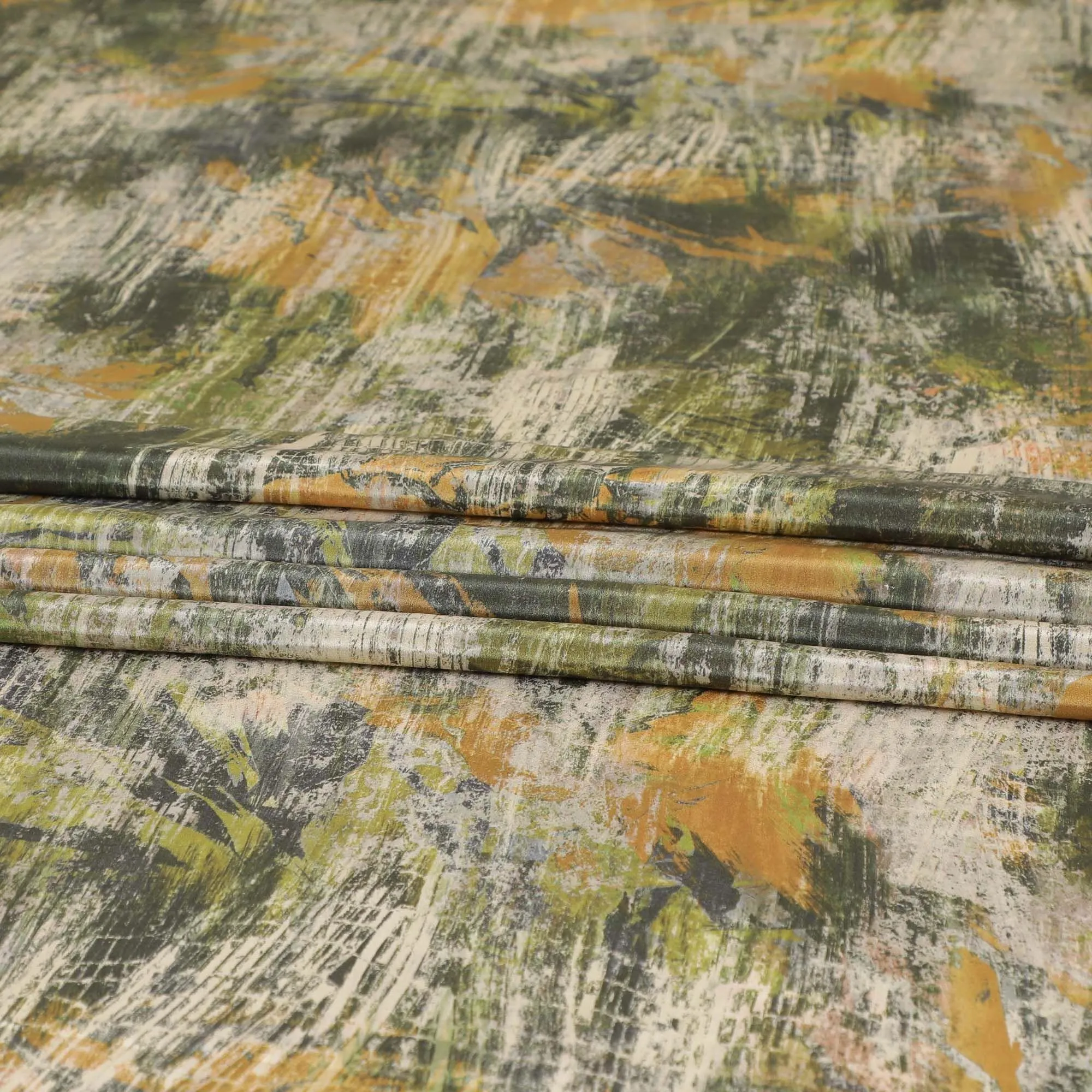 Pastel green synthetic crepe fabric with multicolor print in abstract design-D9628